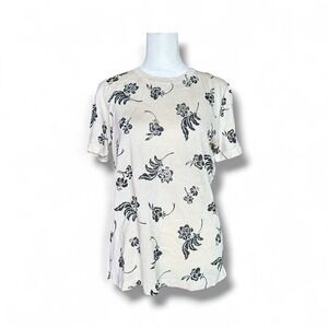 Y2K 100% Silk Floral Print Blouse Cream Black‎ Short Sleeve Boho Cottagecore M